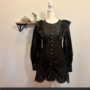 LoveShackFancy Black Eyelet Button-Front Long Sleeve Mini Dress